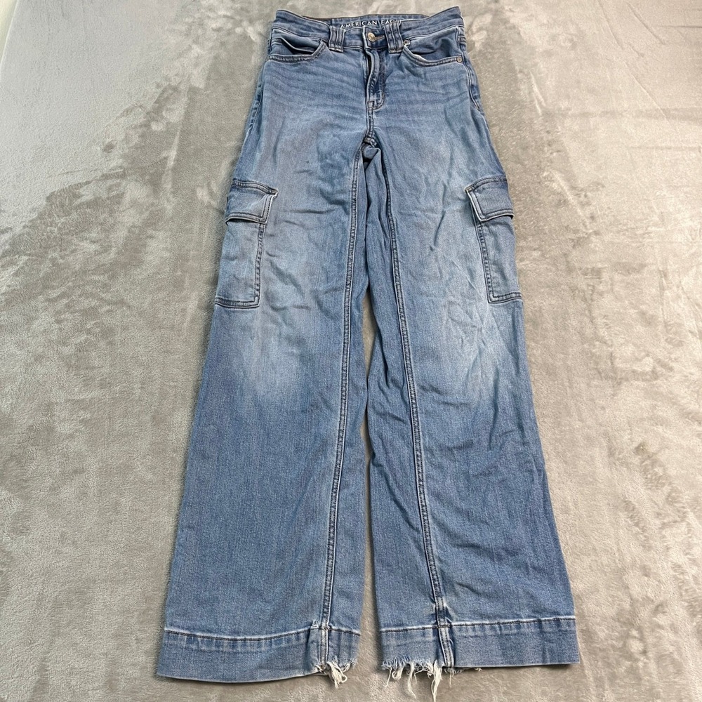 American Eagle Super High Rise* Baggy Wide Leg Cargo Jeans Blue 00 Regular 26x31